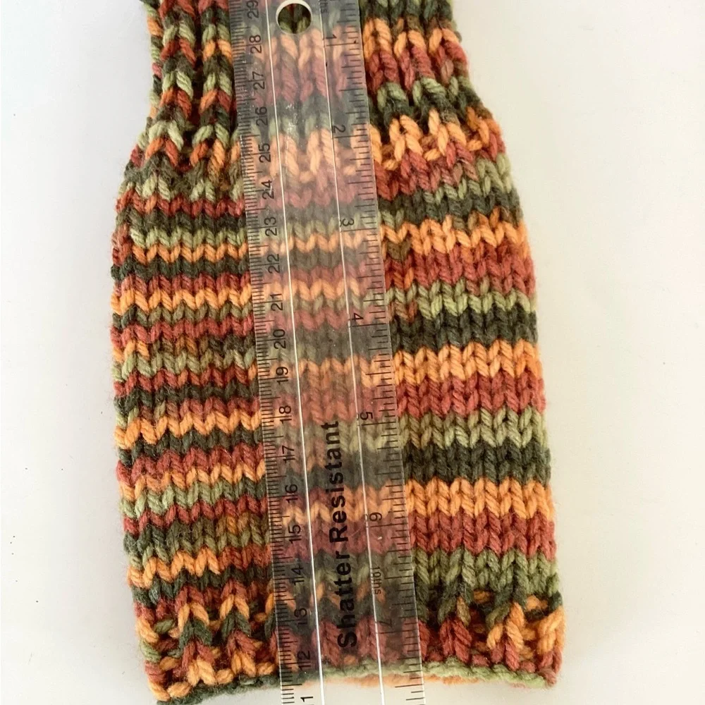 Gloves Fingerless Hand Crafted Colorful Striped Orange Greens Rust Ribbed